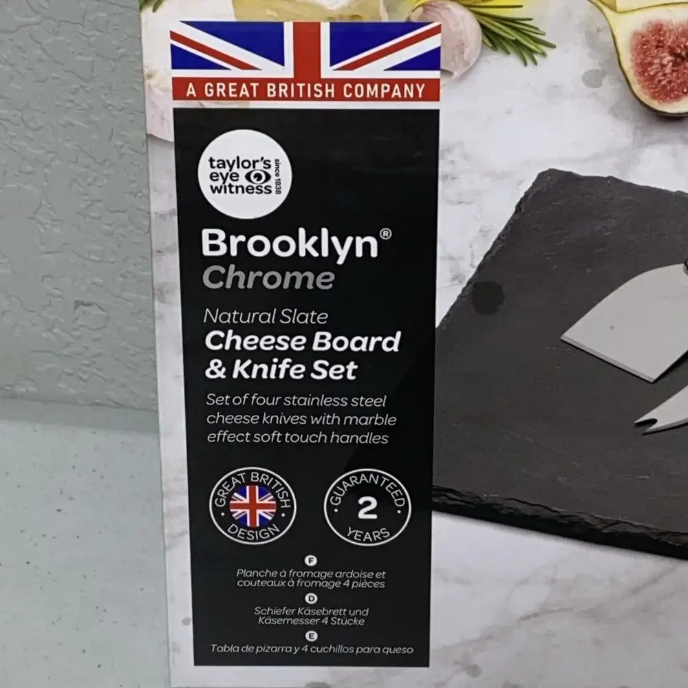Natural Slate Charcuterie Cheese Board‎ & Knife Set 5 Pc Brooklyn Chrome NEW